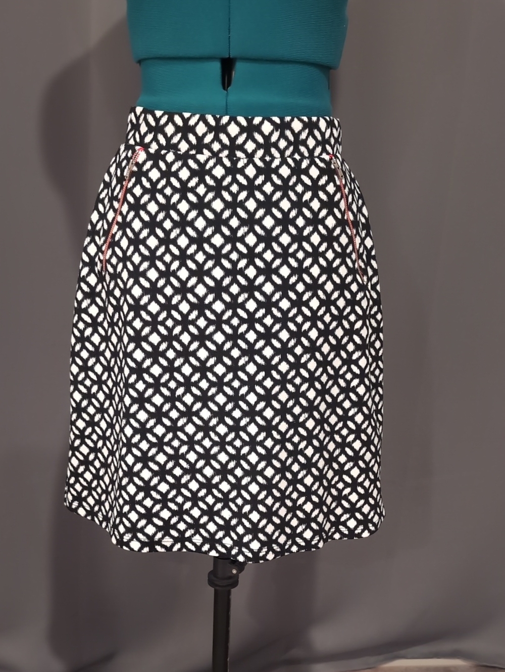 Geometric Black & White A-Line Skirt with Contrast Zip Trim